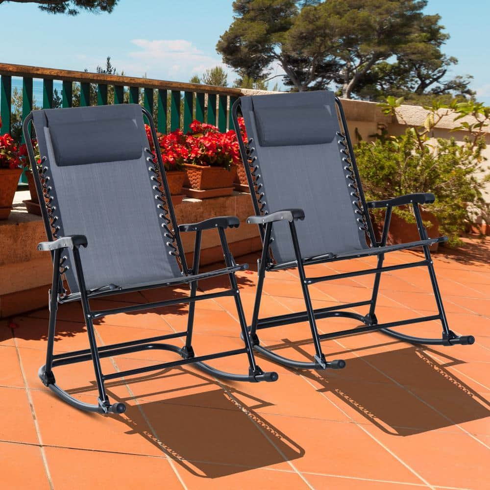 Outsunny Metal Outdoor Rocking Chair Folding 2-Piece Set with Mesh Fabric and Folding Design - Grey