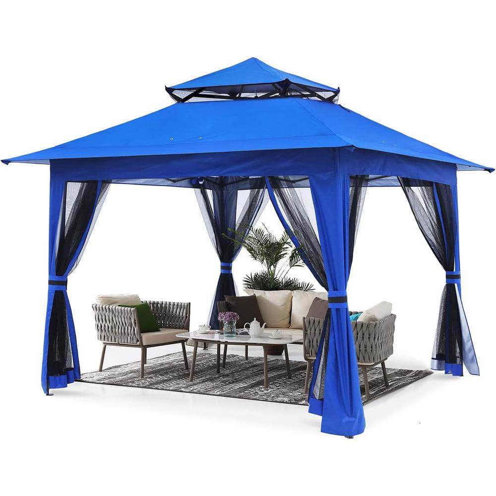 ABCCANOPY 13 ft. x 13 ft. Blue Steel Pop Up Portable Gazebo Outdoor Patio Canopy Double Roof with Mosquito Netting
