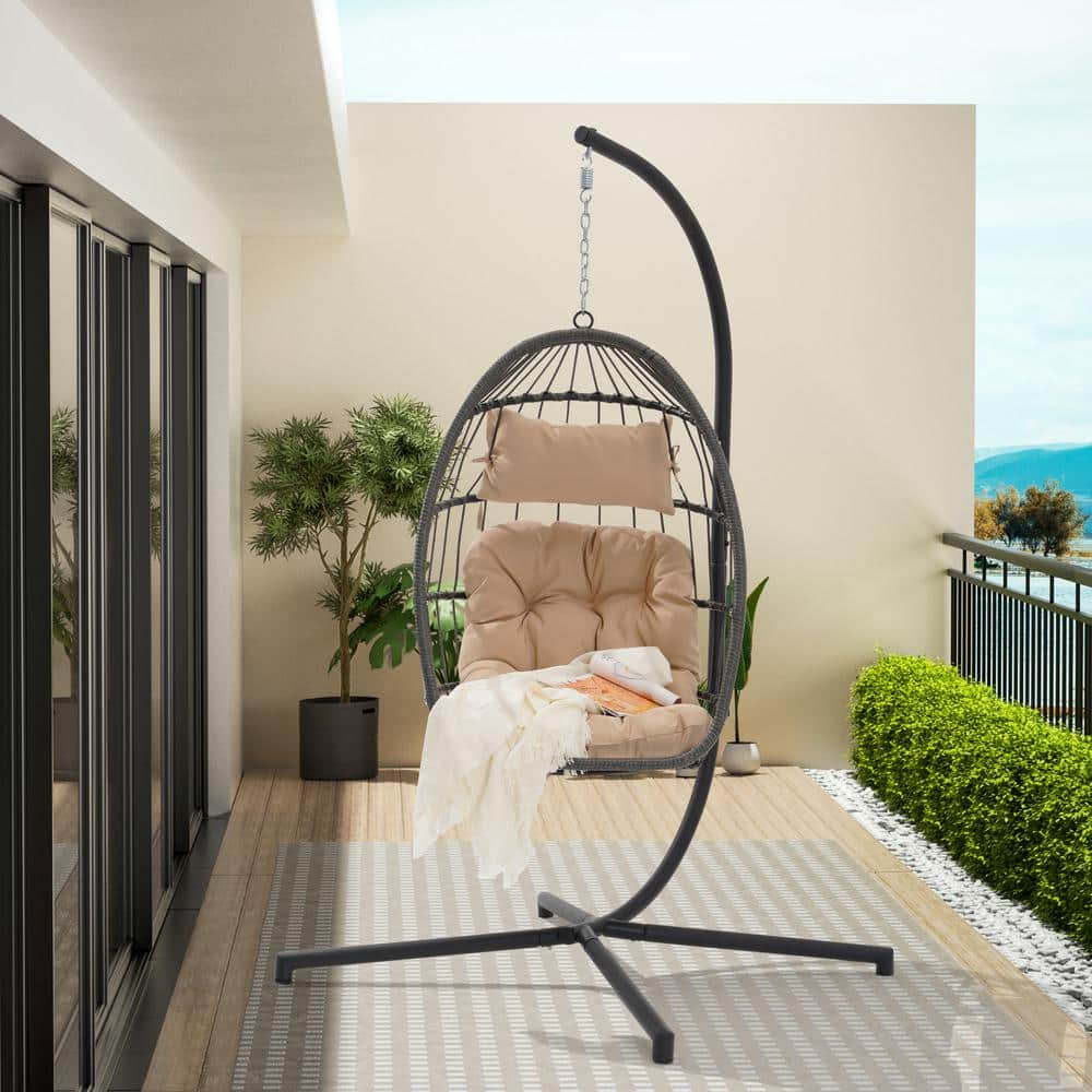 Wood Outdoor Garden Grey Egg Swing Chair Hanging with Water Resistant Cushion and Rust Resistant Frame