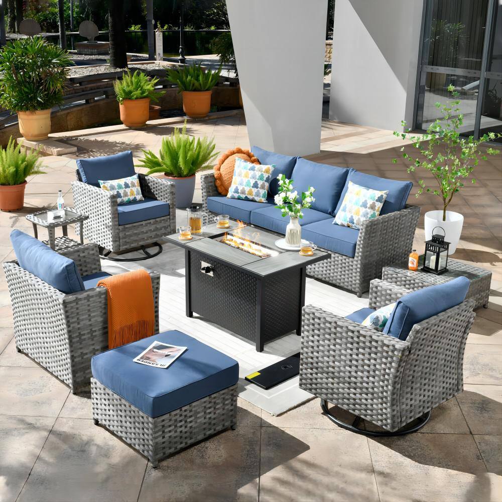 Hanes Gray 10-Piece Wicker Patio Fire Pit Sectional Seating Set with Denim Blue Cushions and Swivel Rocking Chairs