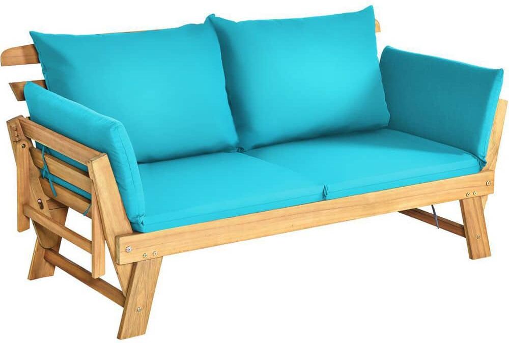 HONEY JOY Wood Outdoor Day Bed Folding Patio Acacia Wood Convertible Couch Sofa Bed with Turquoise Cushions