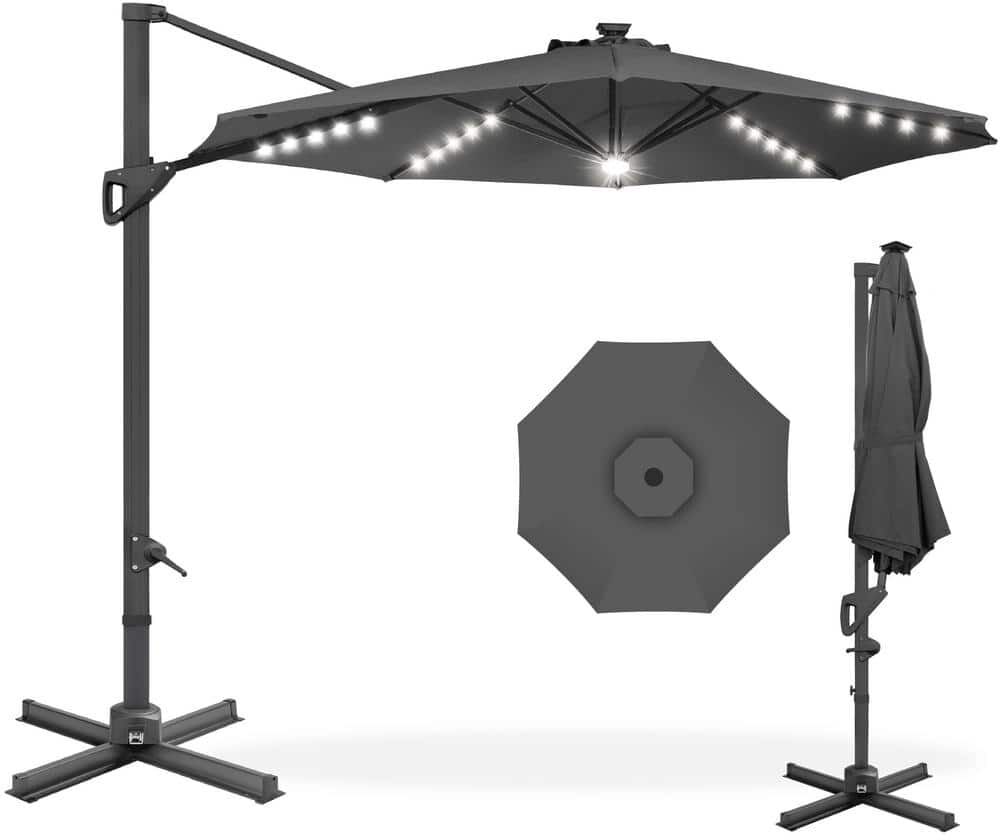 Best Choice Products 10 ft. 360-Degree Solar LED Cantilever Patio Umbrella, Outdoor Hanging Shade with Lights in Gray