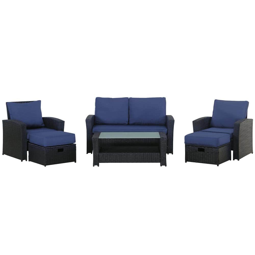 Black 6-Piece Patio Sectional Wicker Rattan Outdoor Sofa With Coffee Table,Ottoman and Blue Cushions Set for Patio, Yard