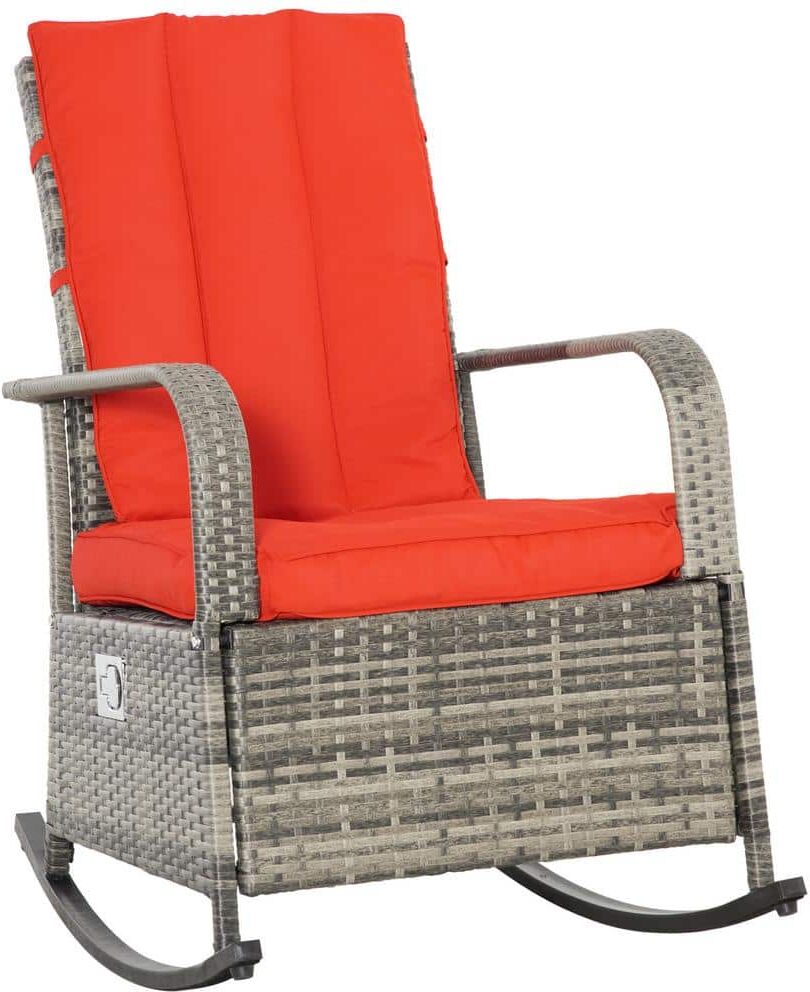 Outsunny Rattan Wicker Outdoor Rocking Chair Patio Recliner with Red Soft Cushion Adjustable Footrest Max 135-Degree Backres