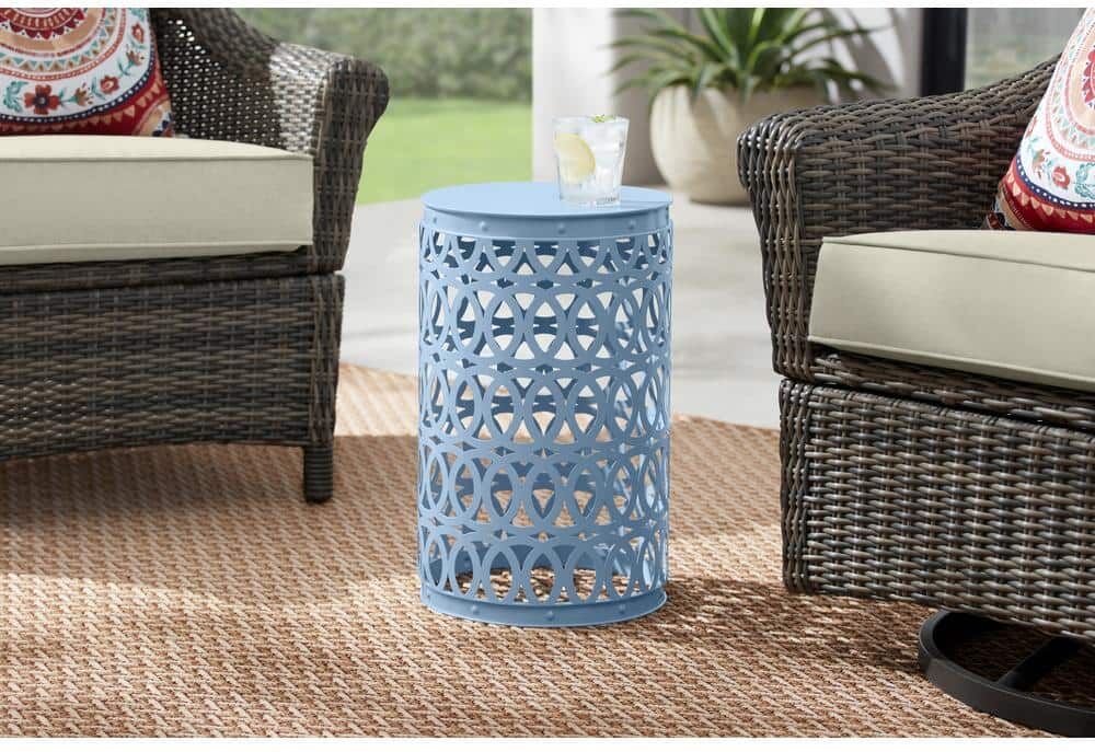 Hampton Bay Surf Blue Metal 19.4 in. Outdoor Patio Garden Stool