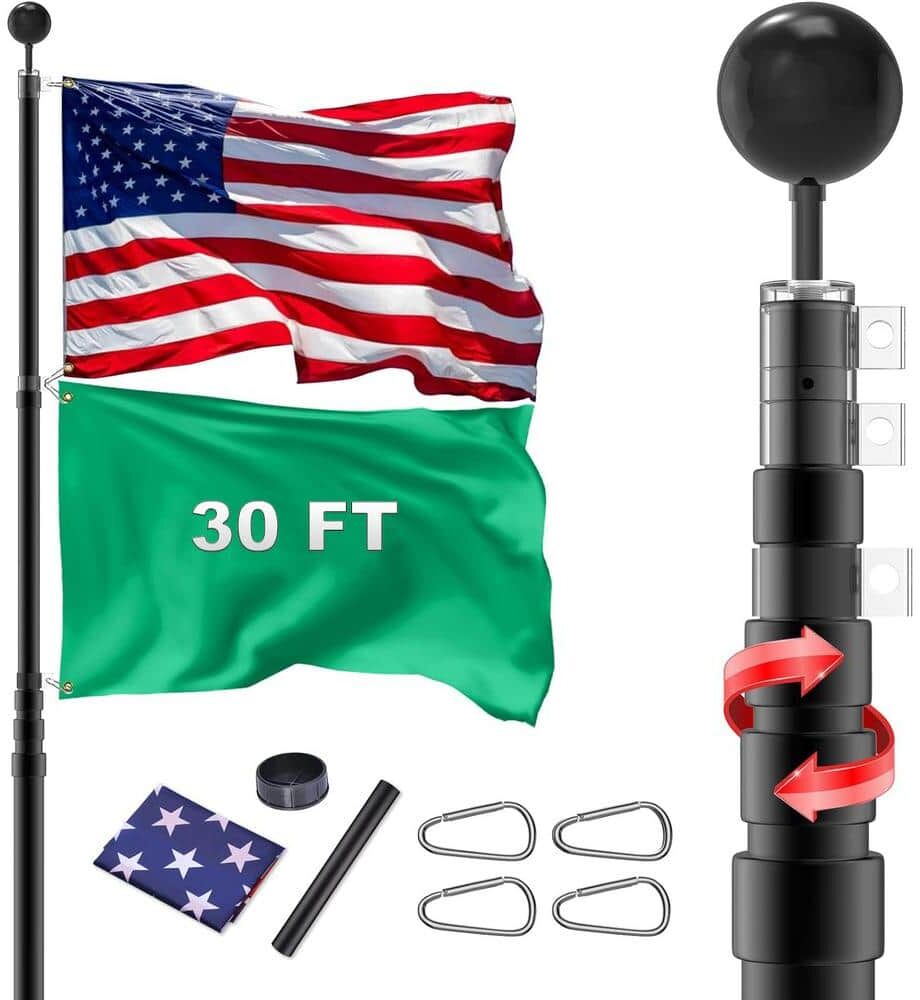 Cisvio 30 ft. Telescopic Aluminum Flag Pole with USA Flags, 3 ft. x 5 ft. US Flag Ball Top Kit Telescoping Flagpole