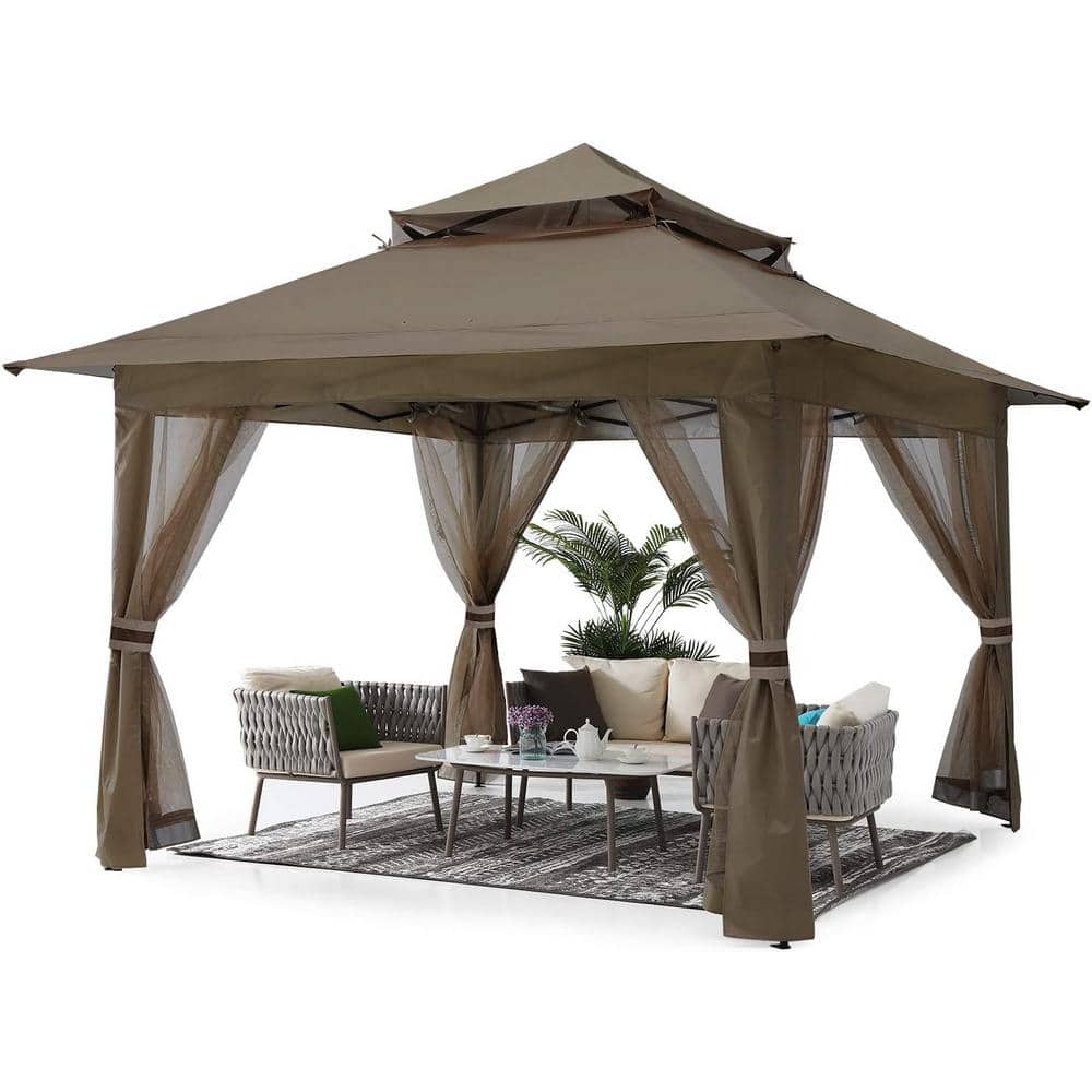 ABCCANOPY 13 ft. x 13 ft. Brown Steel Pop Up Portable Gazebo Outdoor Patio Canopy Double Roof with Mosquito Netting