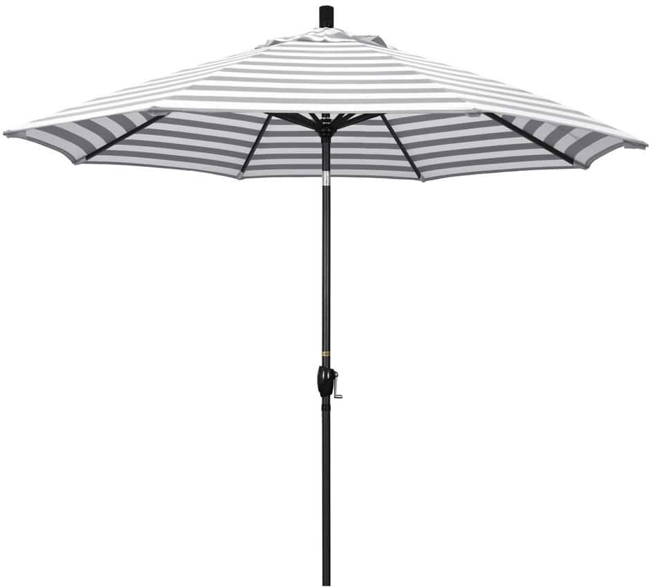 California Umbrella 9 ft. Aluminum Market Push Tilt - Matte Black Patio Umbrella in Gray White Cabana Stripe Olefin