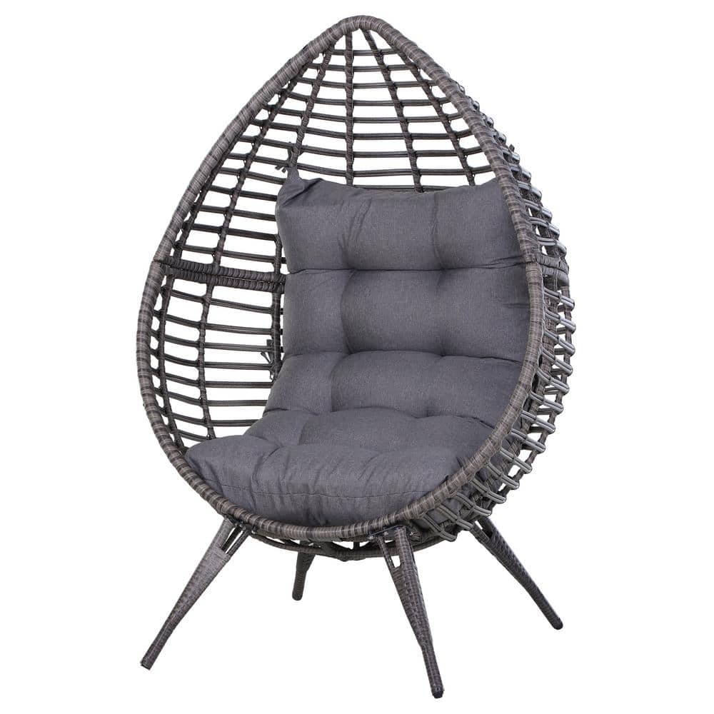 Outsunny Black Teardrop Shaped Plastic Rattan Outdoor Lounge Chair with Grey Cushions & Pop-Out Drink Tray