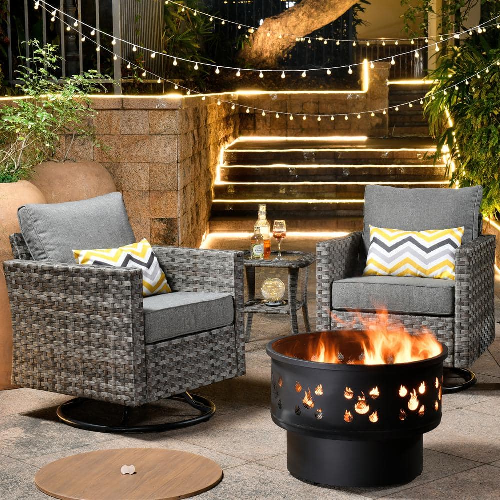 weaxty W Hanes Gray 4-Piece Wicker Patio Fire Pit Swivel Seating Set with CushionGuard Dark Gray Cushions