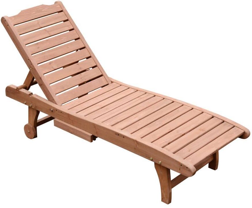 Outsunny Reclining Wooden Outdoor Chaise Lounge Patio Pool Chair With Pull-Out Tray