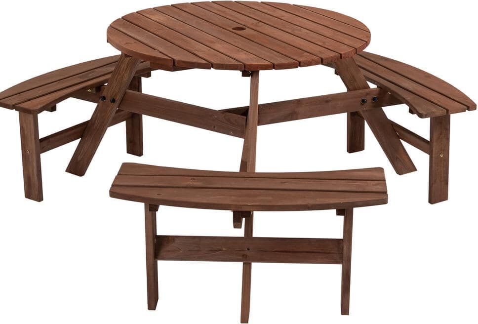 matrix decor 66.92 in. Brown Round Wood Picnic Table Seats 6-People with Umbrella Hole for Patio, Backyard, 1720 lbs. Capacity