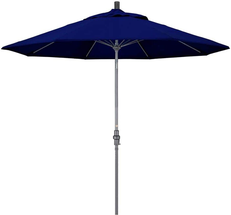 California Umbrella 9 ft. Hammertone Grey Aluminum Market Patio Umbrella with Collar Tilt Crank Lift in True Blue Sunbrella