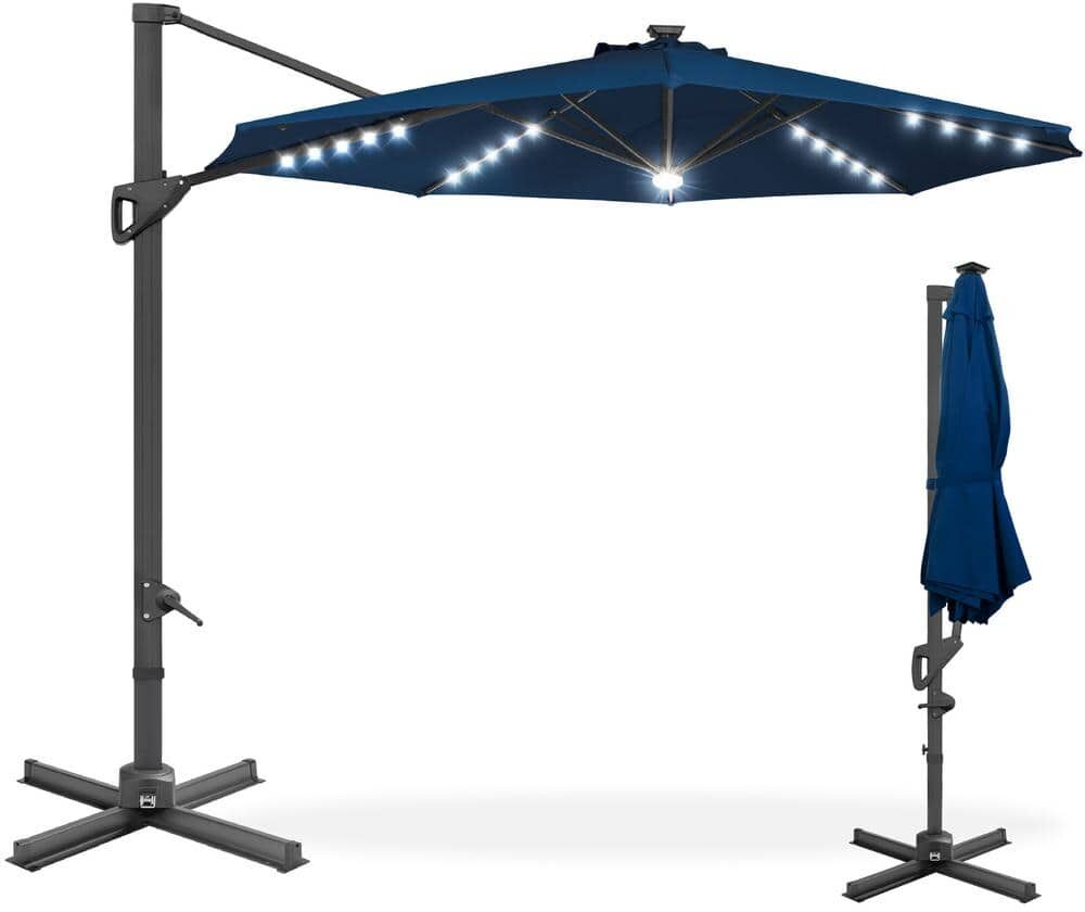 Best Choice Products 10 ft. 360-Degree Solar LED Cantilever Patio Umbrella, Outdoor Hanging Shade with Lights in Navy Blue