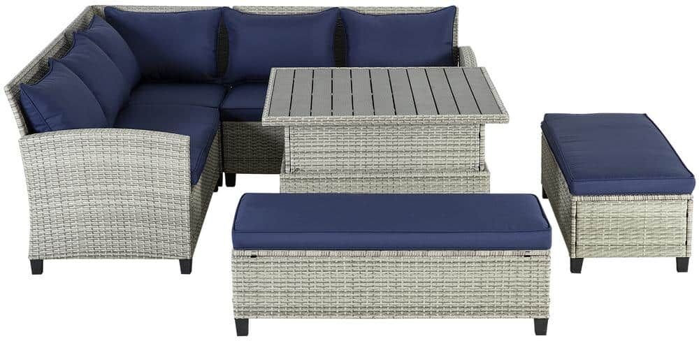 Gray 6-Piece Patio Sectional Wicker Rattan Outdoor Sofa With Elevating Table and Blue Cushions Set for Patio, Yard