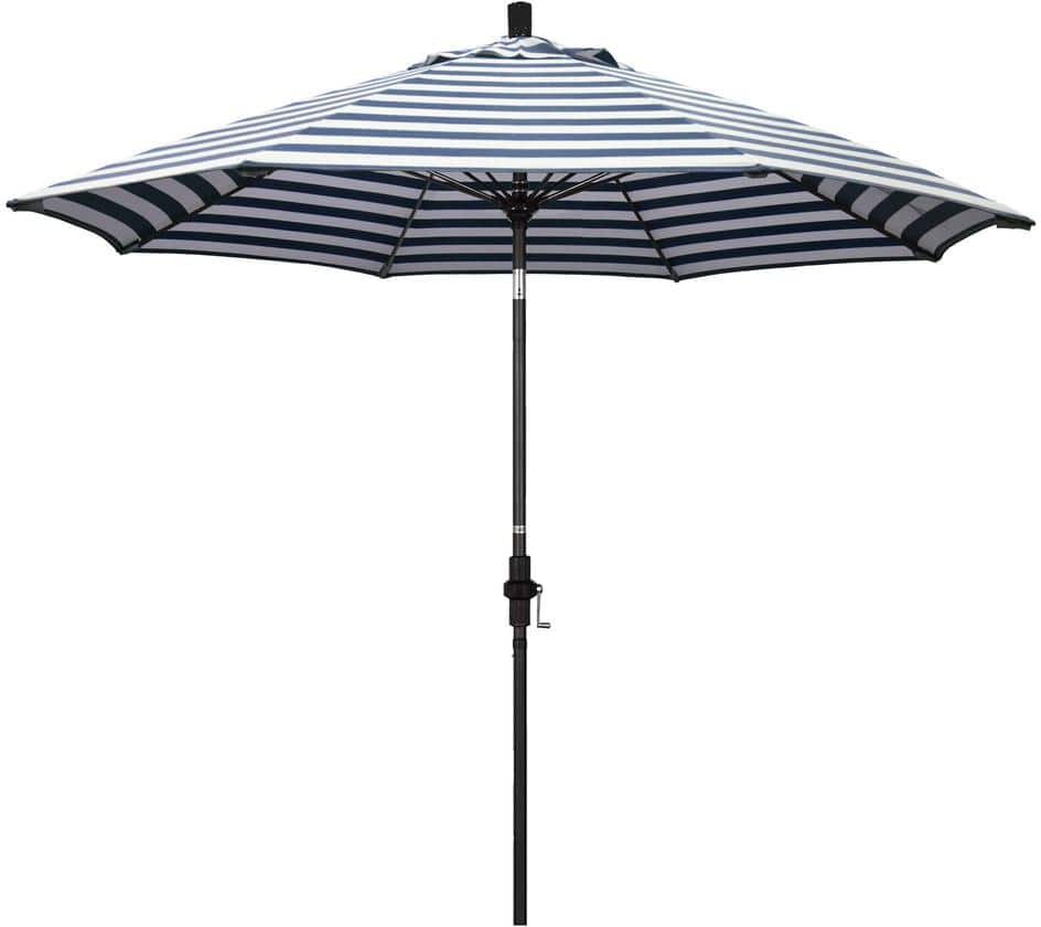 California Umbrella 9 ft. Fiberglass Market Collar Tilt Stone Black Patio Umbrella in Navy White Cabana Stripe Olefin