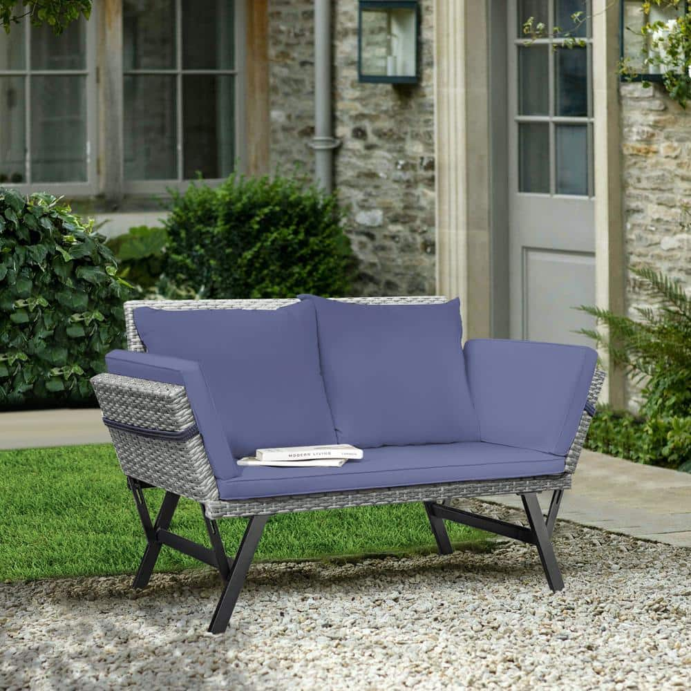 Foredawn Wicker Outdoor Day Bed Convertible Patio Couch with Navy Cushion & Pillow