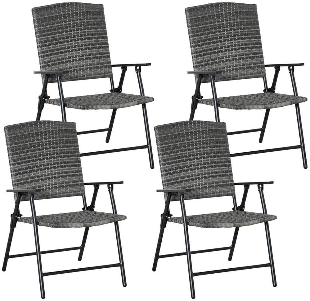 Outsunny Rattan Wicker Outdoor Mixed Grey Patio Dining Chair Set of 4 with Folding Design, Wicker Sling Chair