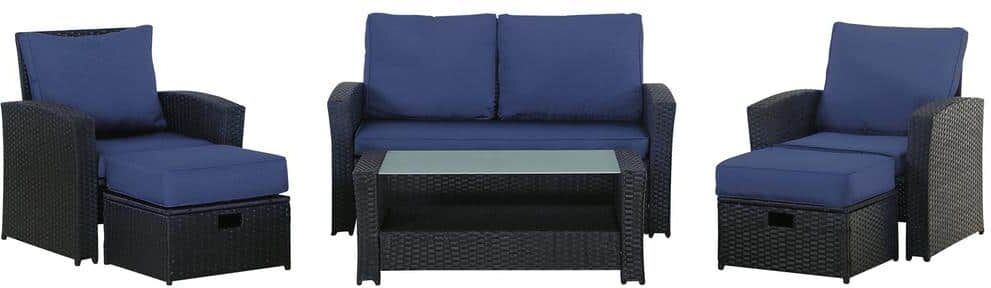 Zeus & Ruta 6-Piece Black Wicker Outdoor Patio Sectional Set Seating Sofa with Blue Cushions, 2 Ottoman and 1 Tea Table