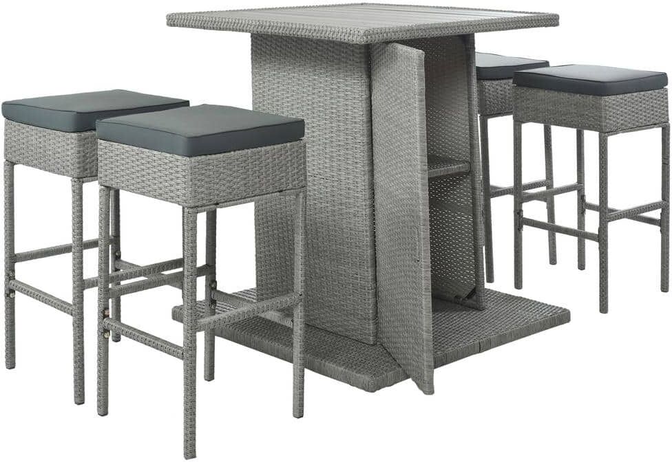 FORCLOVER 5-Piece Wicker Square Outdoor Dining Set with Storage Shelf, 4 Padded Stools and Dark Gray Cushions