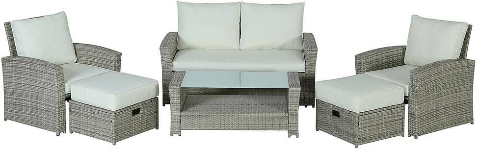 Gray 6-Piece Patio Sectional Wicker Rattan Outdoor Sofa With Coffee Table,Ottoman and White Cushions Set for Patio, Yard