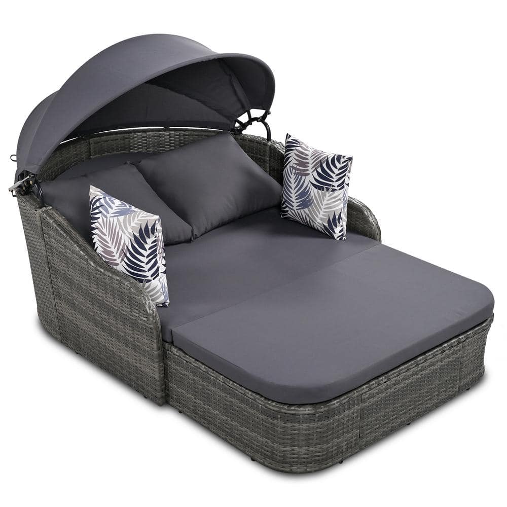 Boosicavelly 79.9 in. Gray Wicker Outdoor Day Bed with Adjustable Canopy and Cushion