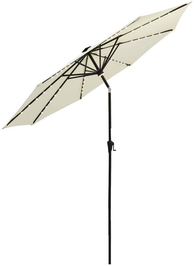 FLAME&SHADE 9 ft. Aluminum Market Solar Lighted Tilt Patio Umbrella with LED in Ivory Solution Dyed Polyester