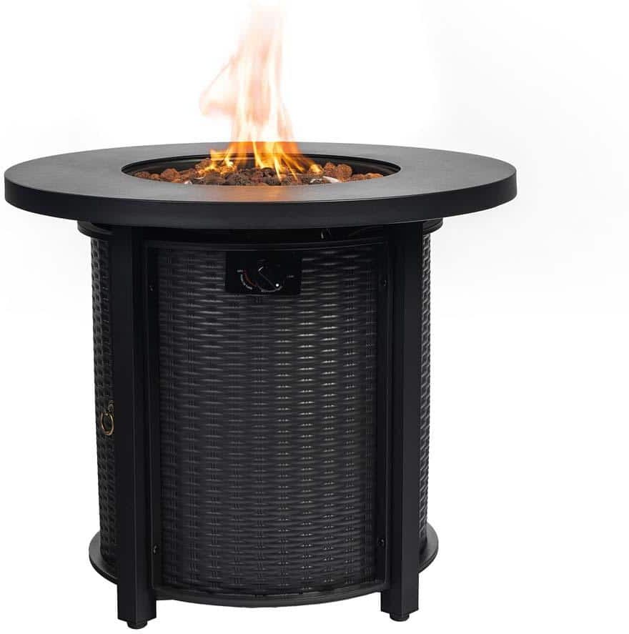 Zeus & Ruta Black 30 in. 40000 BTU Round Steel Tabletop Propane Outdoor Fire Pit Table for Garden Patio Lawn