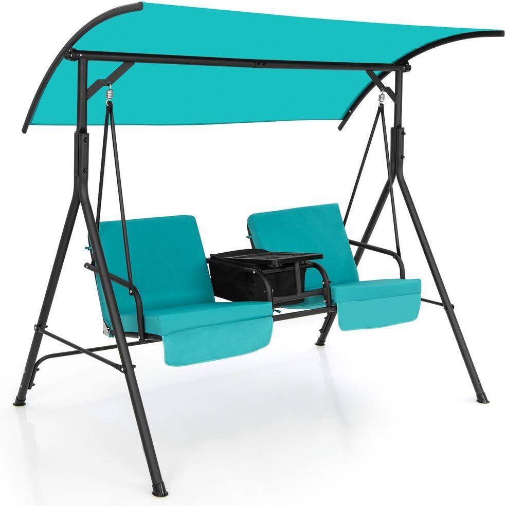 Gymax 2-Person Metal Canopy Porch Swing Padded Chair Cooler Bag Rotatable Tray Turquoise