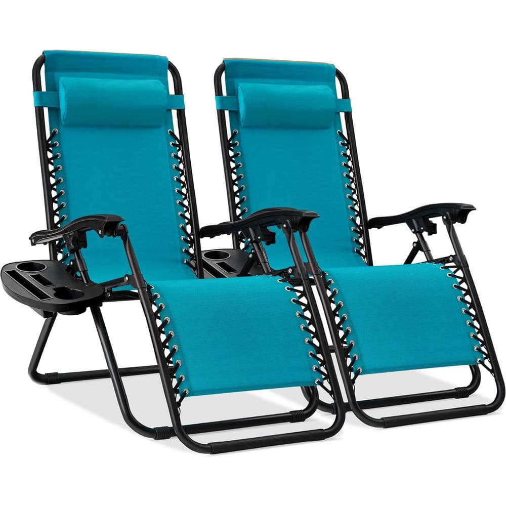 ITOPFOX Peacock Blue Adjustable Steel Mesh Zero Gravity Lounge Chair Recliners with Pillows and Cup Holder Trays, Set Of 2