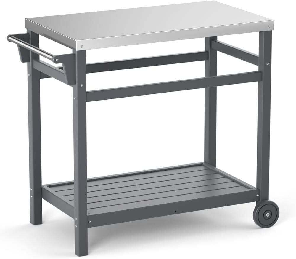 TIRAMISUBEST Gray Rectangular Stainless Steel 34 in. x 19 in. x 33 in. Outdoor Dining Table Grill Cart Prep Cart