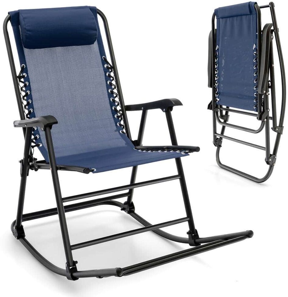 Costway Blue Metal Folding Zero Gravity Outdoor Rocking Chair with Headrest