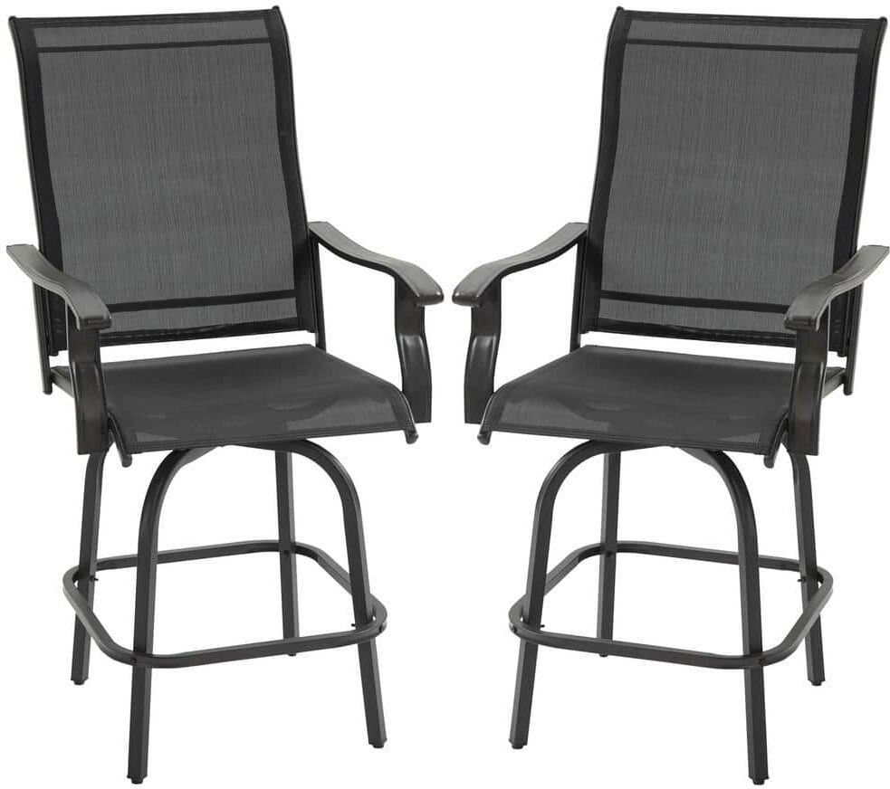 Outsunny Swivel Black Metal Outdoor Bar Stools with Armrests, Bar Height Patio Chairs (2-Pack)