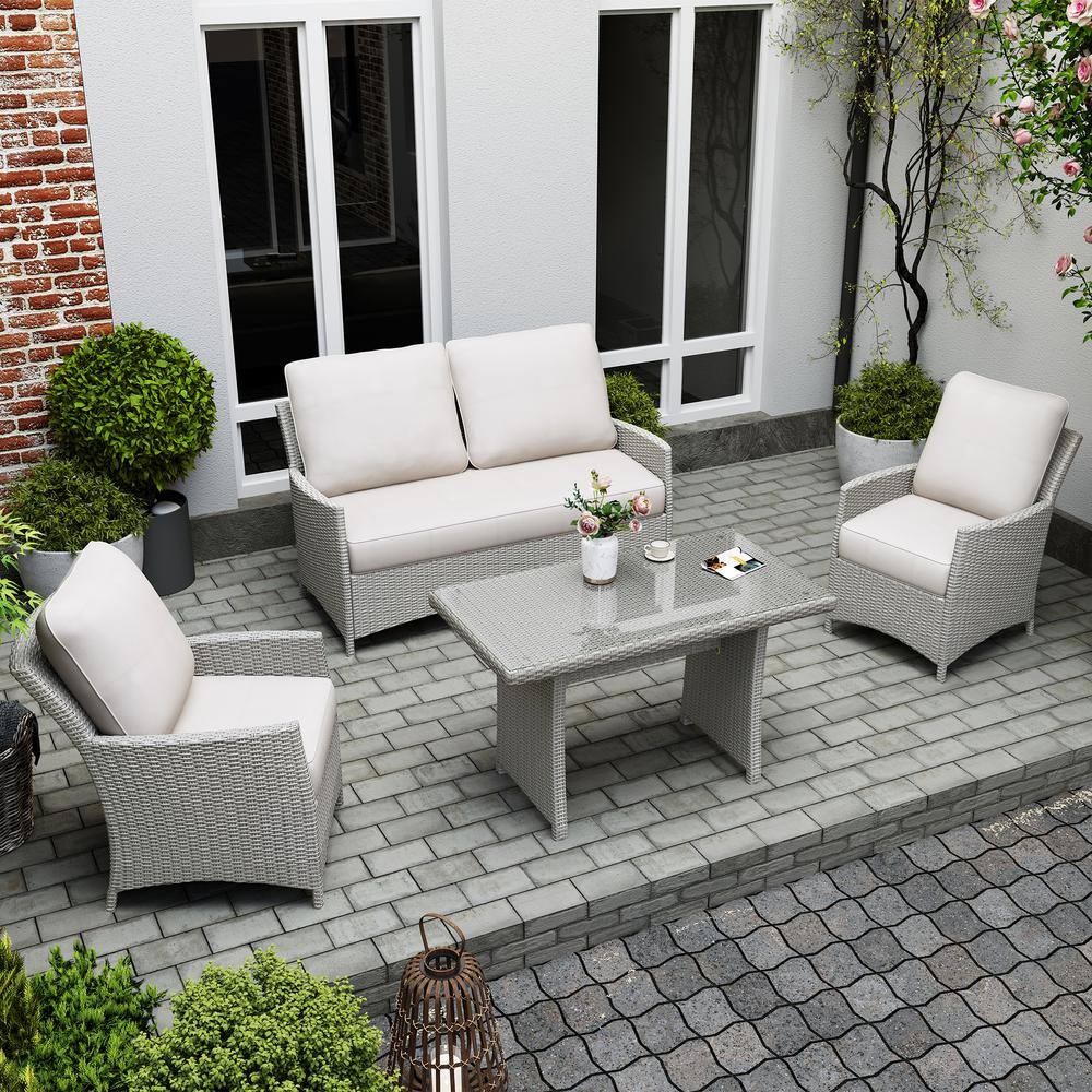 OVE Decors Diana 4-Piece Wicker Patio Conversation Set with Beige Cushion