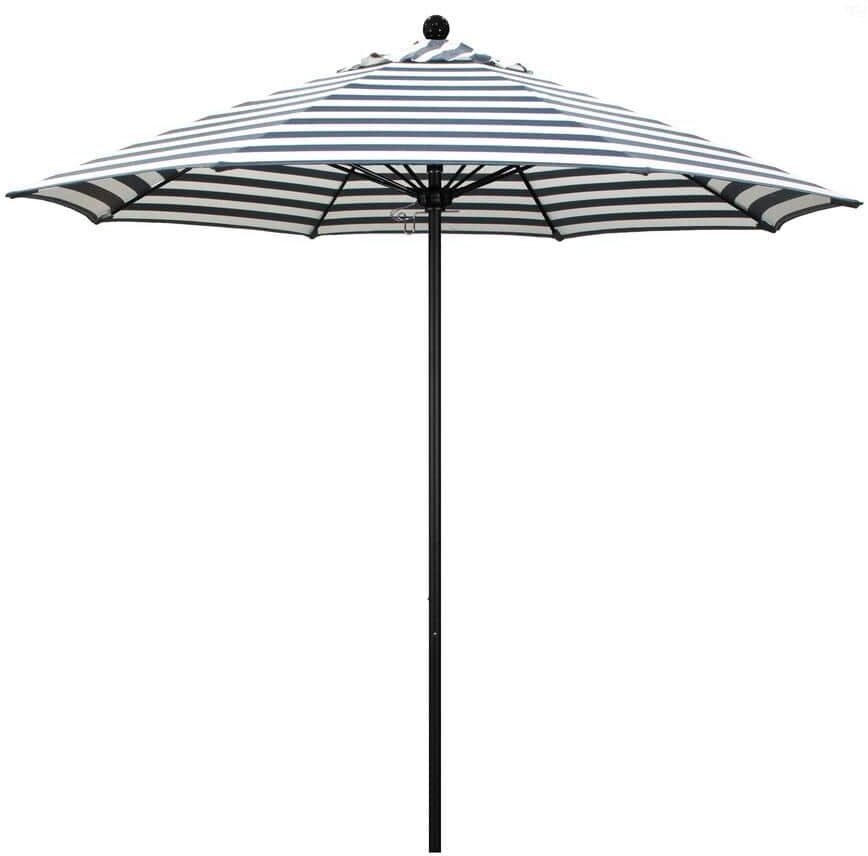 California Umbrella 9 ft. Black Aluminum Commercial Market Patio Umbrella with Fiberglass Ribs Push Lift in Navy White Cabana Stripe Olefin