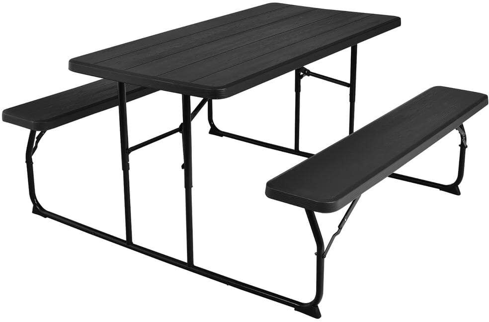 Costway Black Foldable Metal Bench Set Picnic Outdoor Camping Table With Extension