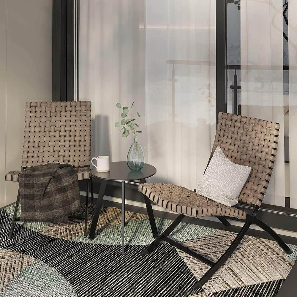 Yangming 3pcs Rattan Patio Set Furniture Foldable Wicker Lounger Chairs w Coffee Table For Outdoor Lawn Garden BalconyTobacco