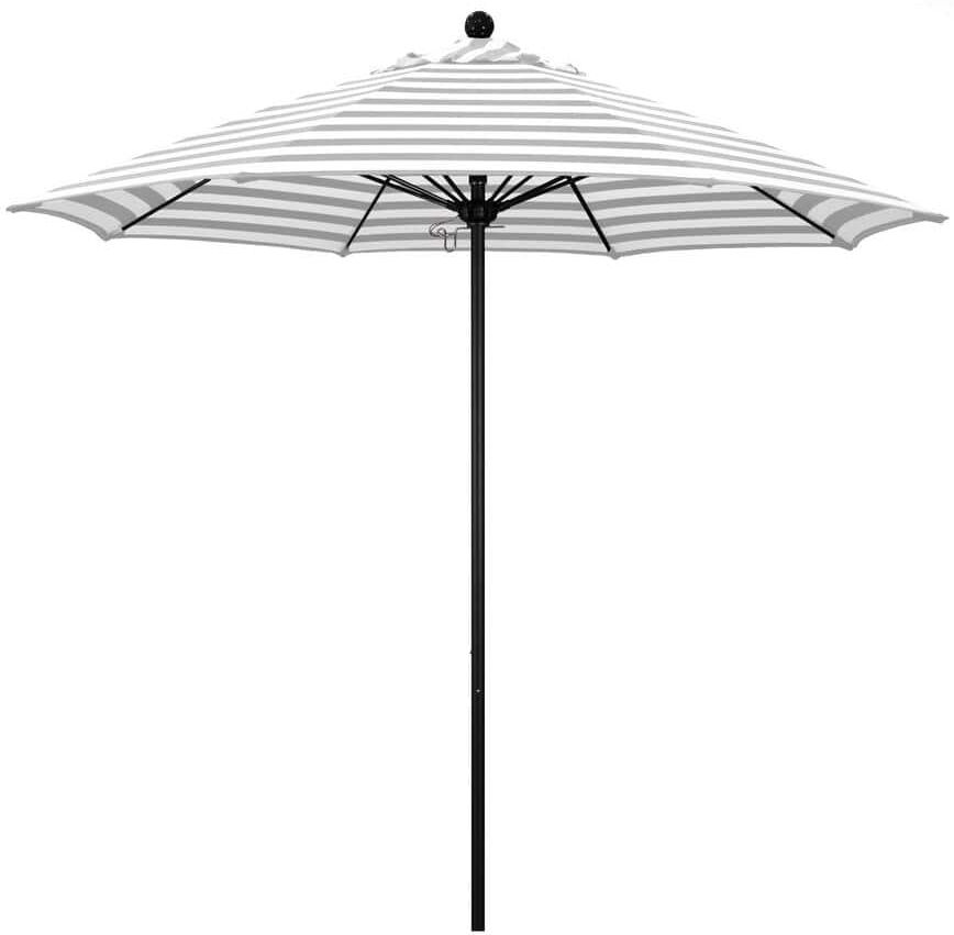 California Umbrella 9 ft. Black Aluminum Commercial Market Patio Umbrella with Fiberglass Ribs Push Lift in Gray White Cabana Stripe Olefin