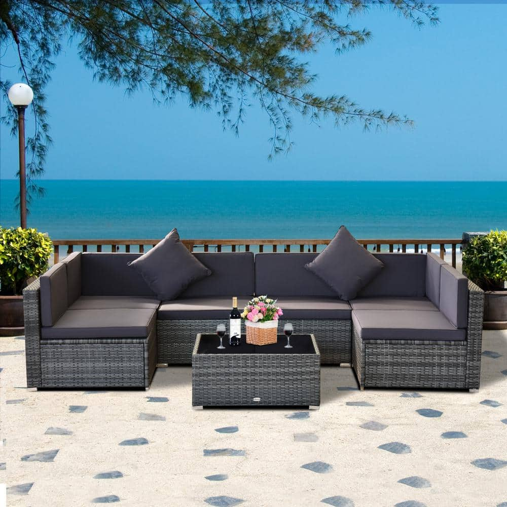 Outsunny Patio Life Ash Grey 7-Pieces Steel Plastic Rattan Patio Conversation Set with Grey Cushions