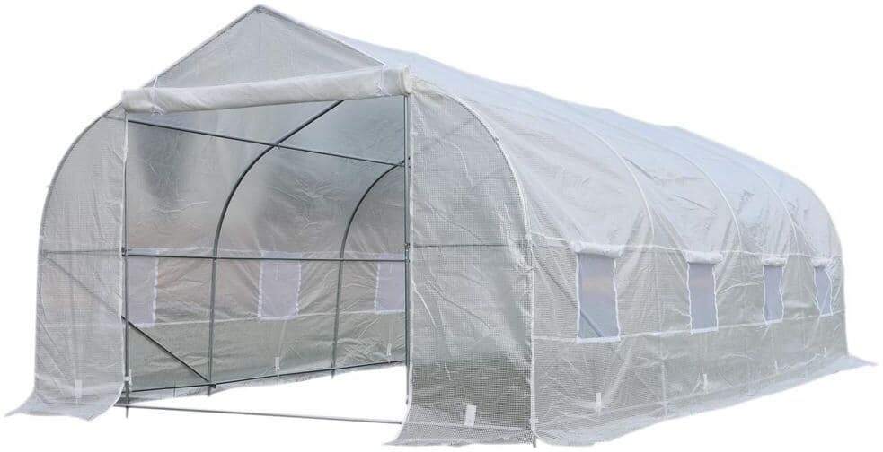 Outsunny 10 ft. x 20 ft. x 7 ft. High Tunnel Walk-In Garden Greenhouse Kit with Plastic Cover and Roll-up Entrance - White