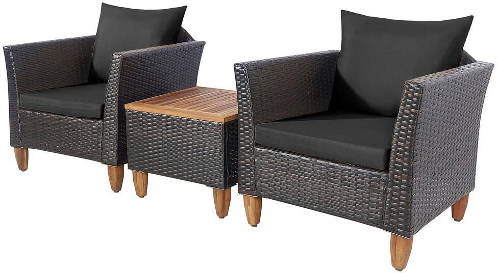 Costway 3-Piece Black Rectangular Wood 16 in. Outdoor Bistro Table Set with Black Cushion