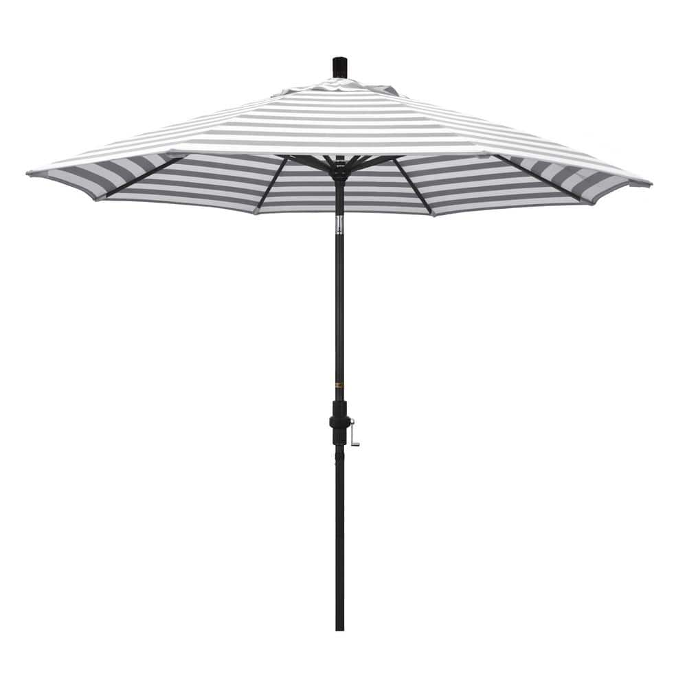 California Umbrella 9 ft. Aluminum Market Collar Tilt - Matted Black Patio Umbrella in Gray White Cabana Stripe Olefin