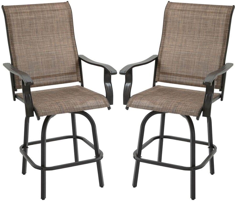 Outsunny Swivel Brown Metal Outdoor Bar Stools with Armrests, Bar Height Patio Chairs (2-Pack)