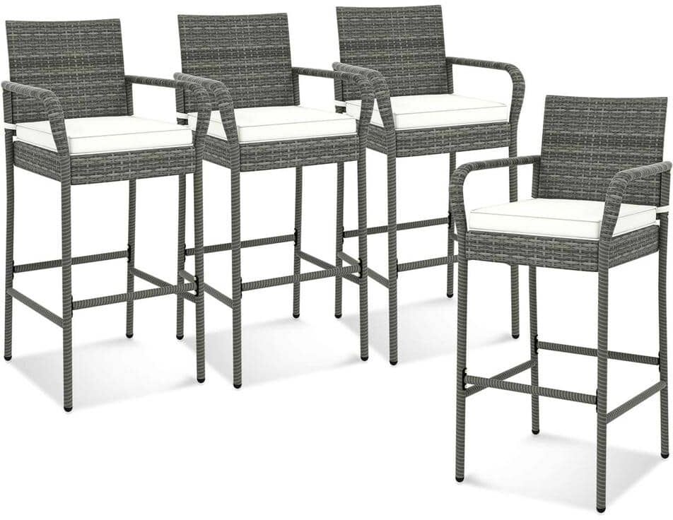 Costway Metal Plastic Wicker Outdoor Bar Stool with Off White Cushion (4-Pack)