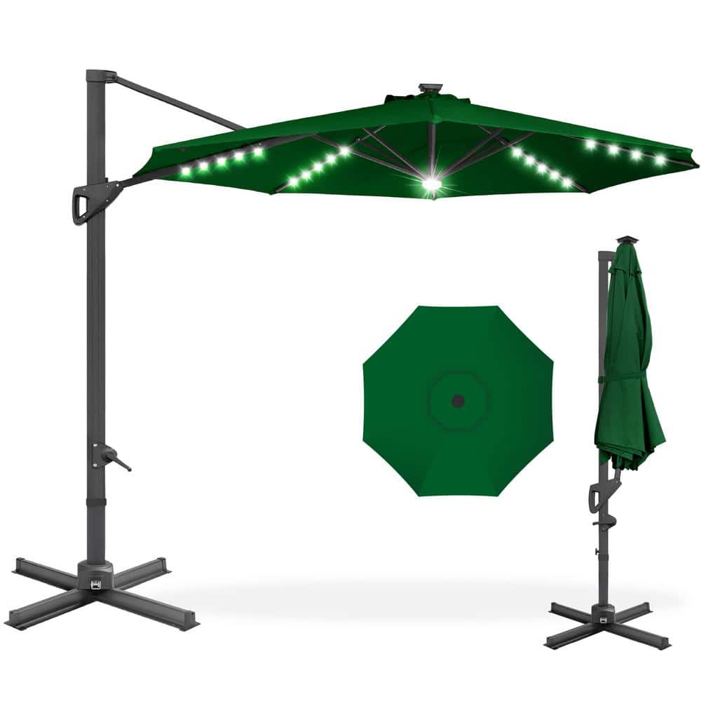 Best Choice Products 10 ft. 360-Degree Solar LED Cantilever Patio Umbrella, Outdoor Hanging Shade with Lights - Green