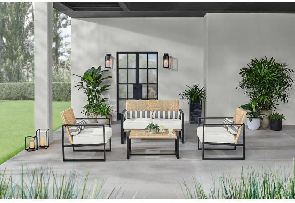 Home Decorators Collection Sea Island Black 4-Piece Reinforced Aluminum Outdoor Conversation Set with Wicker Table and Natural White Cushions