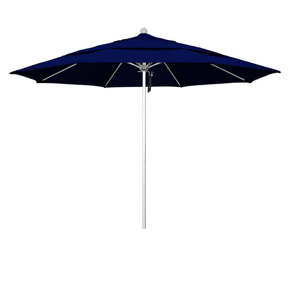 California Umbrella 11 ft. Silver Aluminum Commercial Market Patio Umbrella with Fiberglass Ribs and Pulley Lift in True Blue Sunbrella