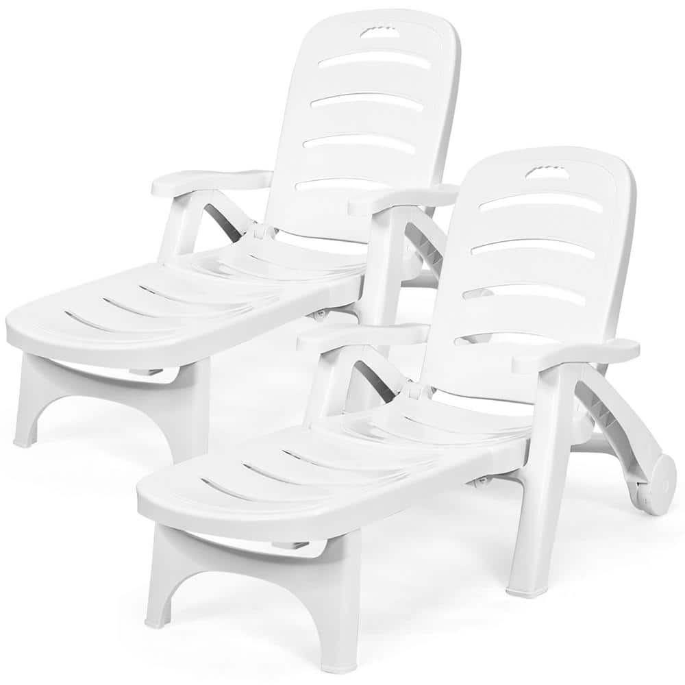 Costway White 2-Piece Plastic Folding Outdoor Chaise Lounge Chair 5-Position Adjustable Recliner