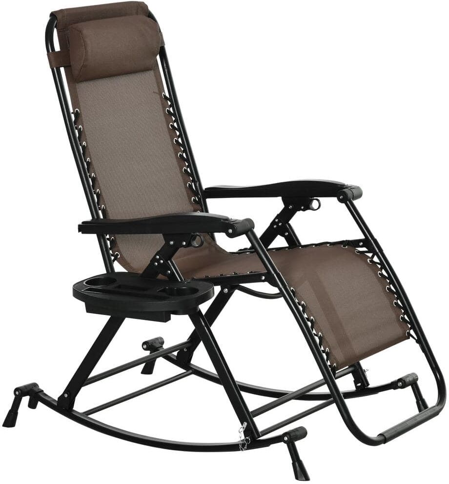 Zeus & Ruta Brown Foldable Metal Reclining Zero Gravity Outdoor Rocking Chair with Pillow, Cup and Phone Holder and Folding Leg