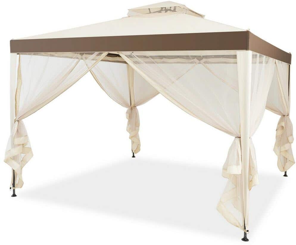 ANGELES HOME 10 ft. x 10 ft. Beige Patio Canopy Gazebo with Neting and Double Tiered Roof